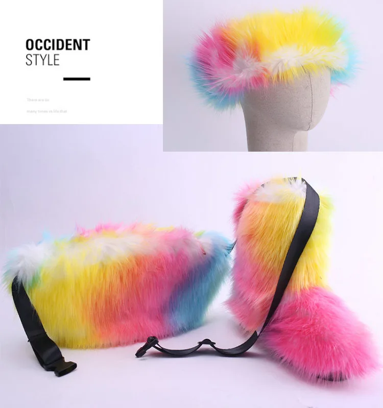 

women winter colorful faux fox fur snow boots 3 pcs sets matching fannypack and headband boots