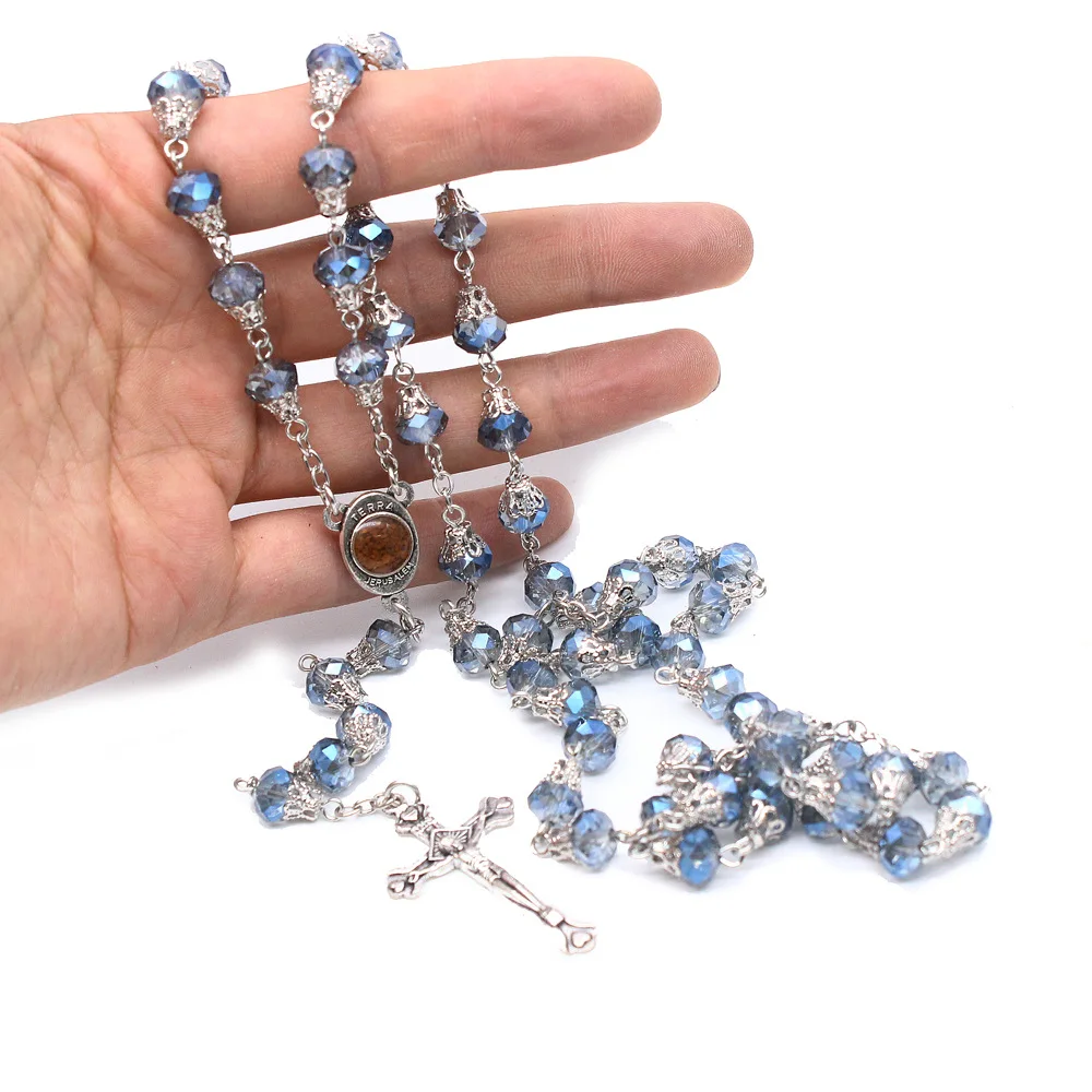 

8mm Blue Crystal Rosary Beads Necklace Vintage Silver Virgin Mary Jesus Cross Pendant Necklace for catholic religion