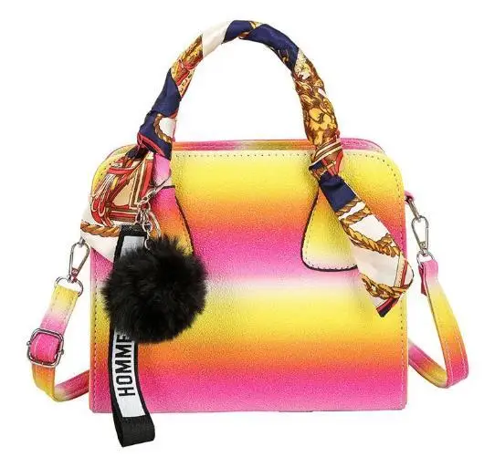 

GW New Rainbow scarves handbag with fox fur slippers women summer large capacity luxury bright color purse slippers sets, Rich