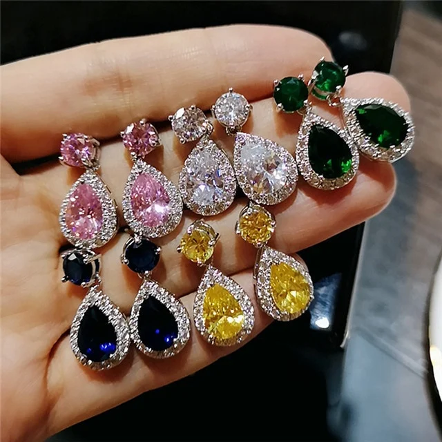 

5 Color Water Drop Big Zircon Stone Sterling Silver Stud Earrings for Women Fashion Earrings Jewelry 2019 Gift Earrings