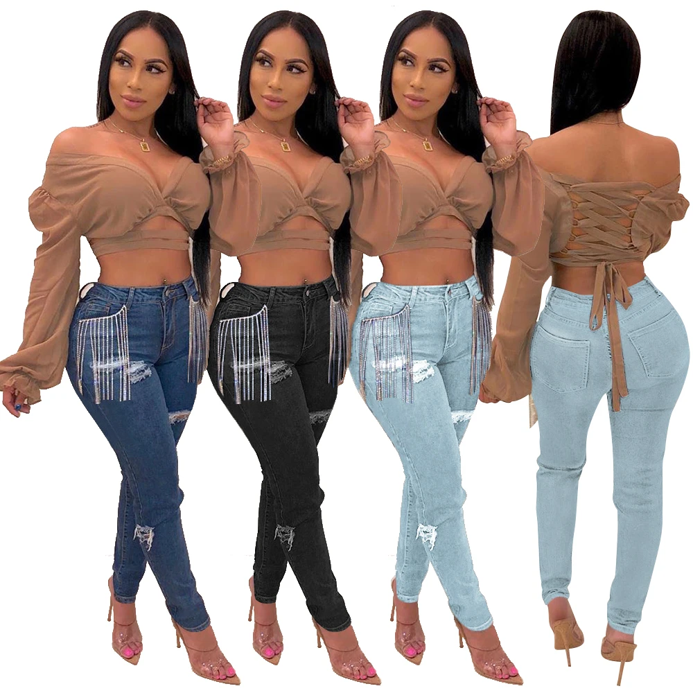 

Distressed Jeans Pants Women Chain Black Light Blue Sexy Winter Fall High Waist Tight Custom Denim Pants Bottom for Lady RS00110