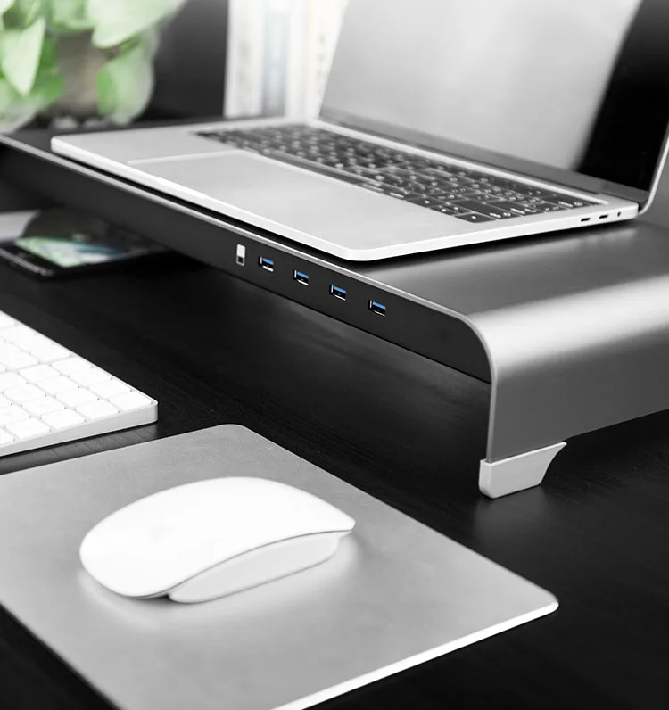 

Dropshipping Aluminum Monitor laptop Stand Riser Desk Organizer with 4 port usb hub, Gun