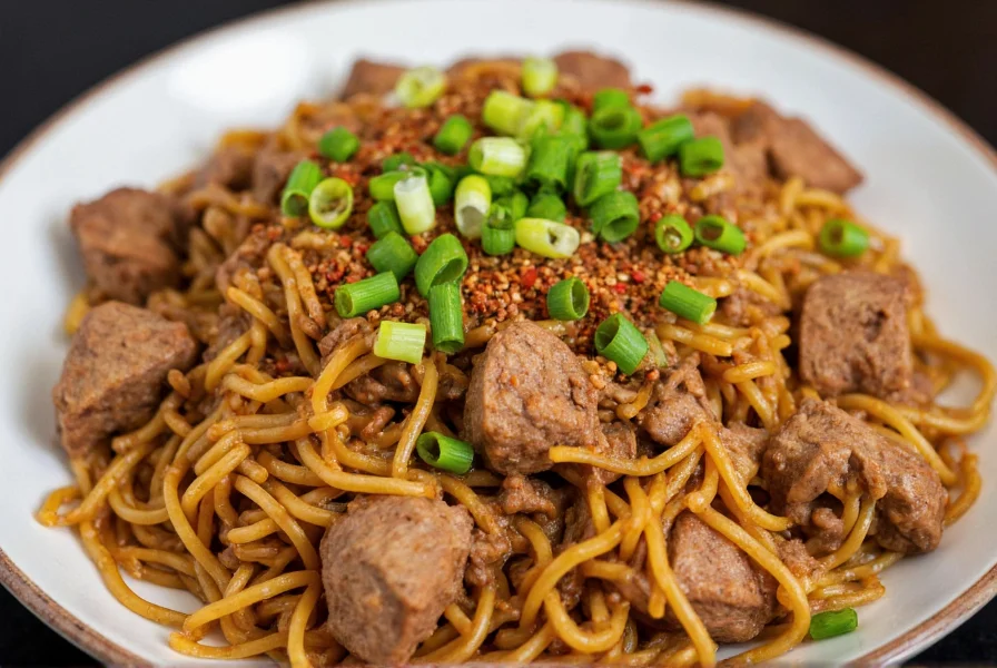 Bowl of cumin lamb noodles with visible cumin seeds and chili flakes, garnished with green onions