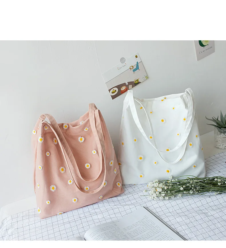 

2021 Daisy Canvas Tote Bag Summer Cute Lunch Bags Beach Travel Hiking Market tote bag, White, pink, creamy white