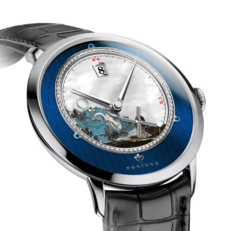 

PONIGER oem watches mechanical private label custom dial blue color mens leather wristwatch relogio masculino