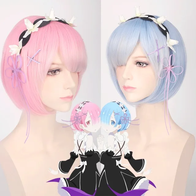 

Ainizi short blue and pink Re:Zero series character of Rem and Ram cosplay wigs for girls