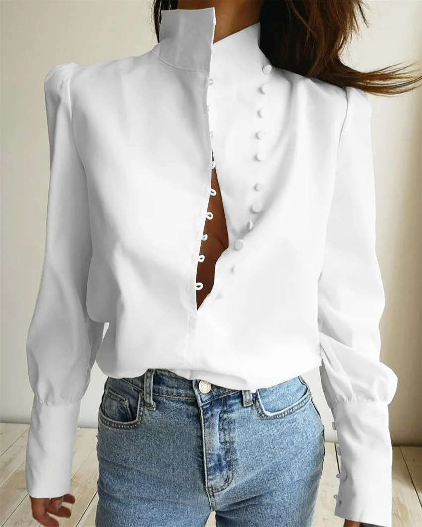 

Casual Single-Breasted Solid White Tops Simple Blouse Elegant Office Lady Solid Shirt Casual Long Sleeve Turtleneck Blouse, Pic