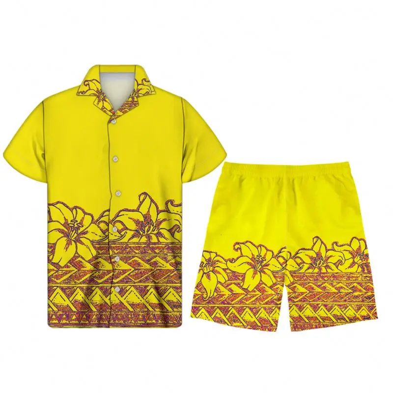

Custom Beach Wear Blue And Yellow Hawaii Hibiscus Print Mens Sweatsuit Sets Custom Stylish Shirt, Customized color