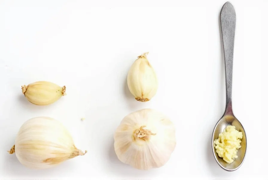 Visual comparison of small, medium, and large garlic cloves next to corresponding teaspoon measurements of minced garlic