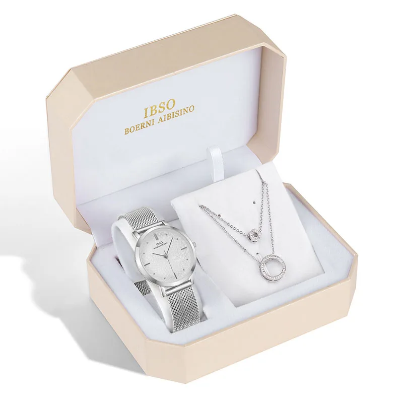 

IBSO Brand Women Silver Watch Necklace Set Female Jewelry Set Fashion Creative Crystal Quartz Watch Lady's Gift
