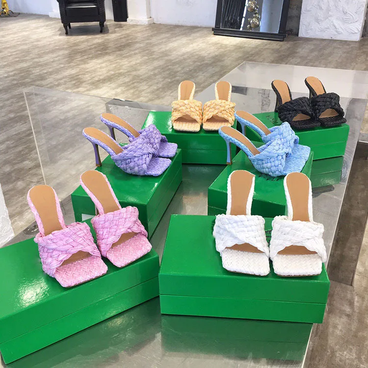 

Weaving women's slippers, square toe, high heels, flat, peep-toe sandals