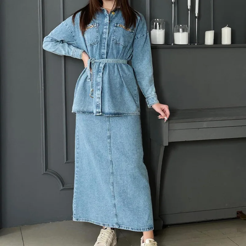 Boutique Wholesale 2026 Autumn New Fashion Vintage Washed Casual Denim Shirt Half Skirt Women's Set