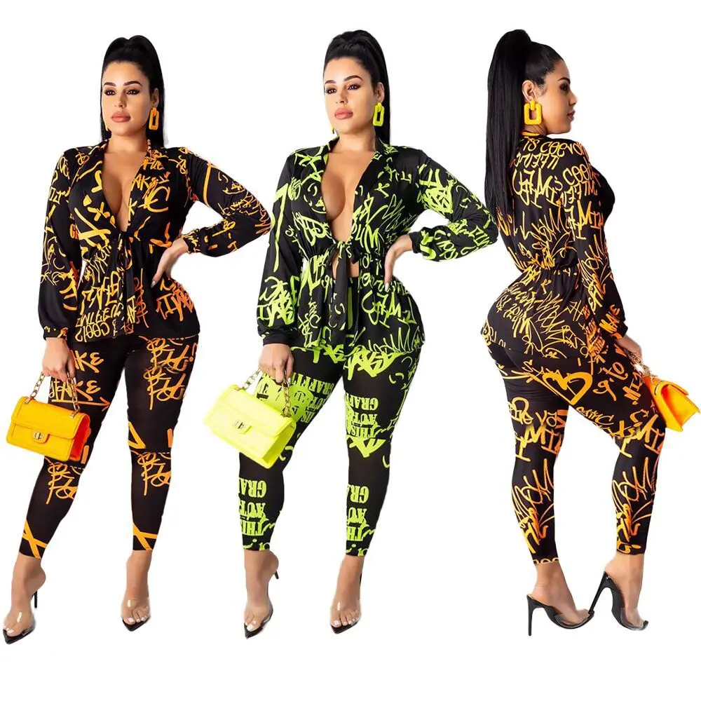 

2022 Amazon Letter Print 2 Piece Set Women Oem Bandage Loungewear Women Sets Bodycon Long Plus Size Women Set, Customized color