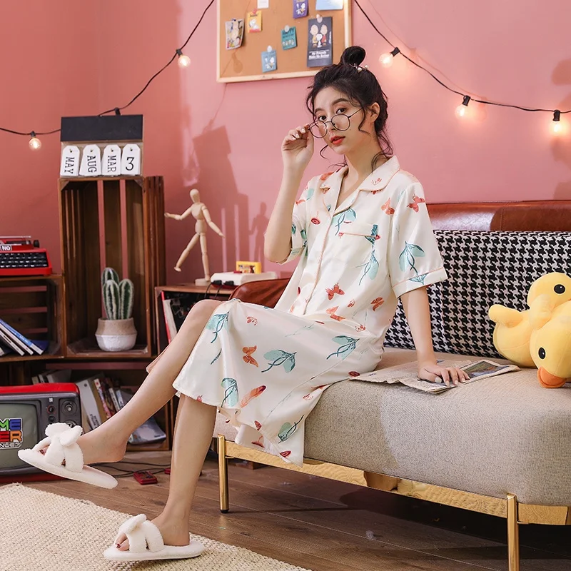 

2021 lady nightgown sexy satin long sleeve shirt dress silk night dresses comfortable sleep wear lounge wear women pajamas