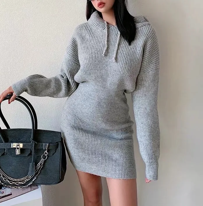 

2020 Winter Stylish Casual Long Sleeve Knitted Women Dress Korean Sweater Dress with Hoodie Bodycon Vintage Plain Dyed Full, Black,gray