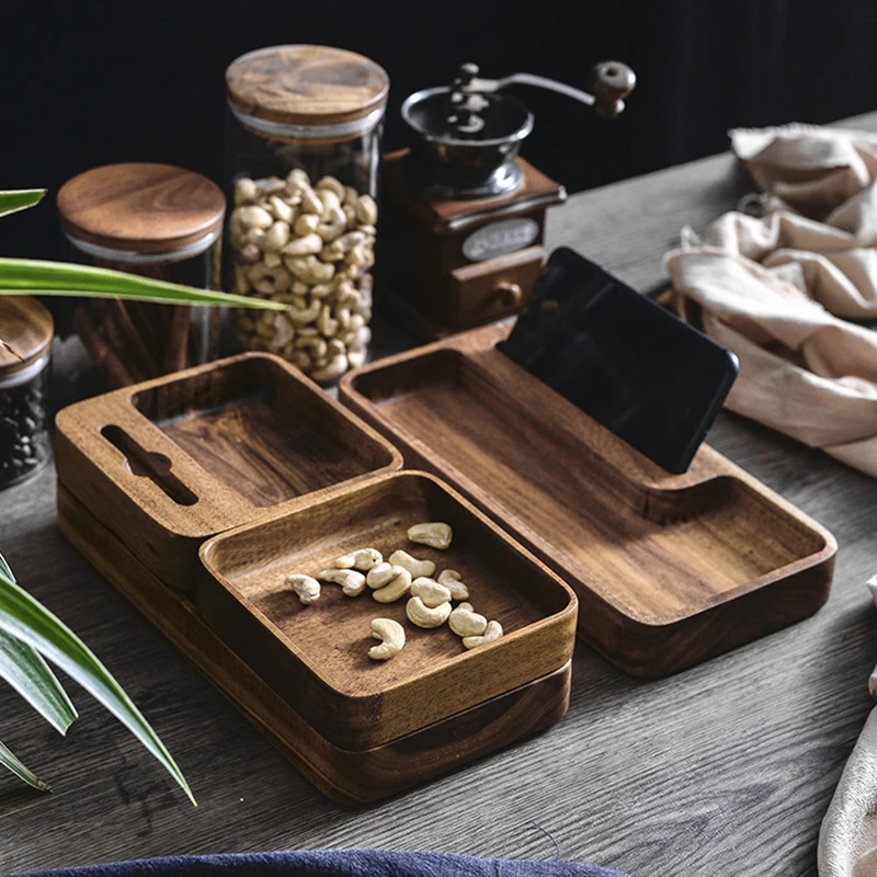 

Desktop Cosmetics snacks storage box with phone bracket, acacia wood storage box.