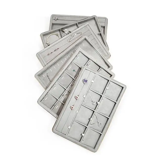 

Wholesale Jewelry Store Gray Ring Bracelet Chain Bangle Display Tray Stackable Suede Metal Luxury Jewelry Tray in Stocks
