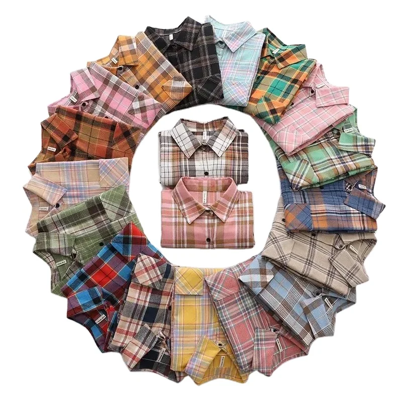 

Large size women's shirts spring and autumn Korean edition cotton long sleeves ladies versatile slim plaid shirt women