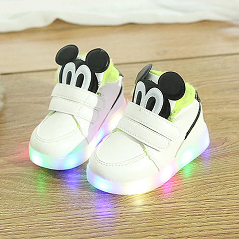 

Winter Warm Baby LED Toddler Shoes Light Weight Mickey Mouse Sports Kids Sneakers, White black green pink