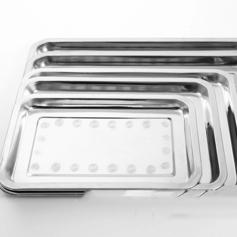 

Different sizes durable trays stainless steel plates rectangular square serving tray for food, Silver