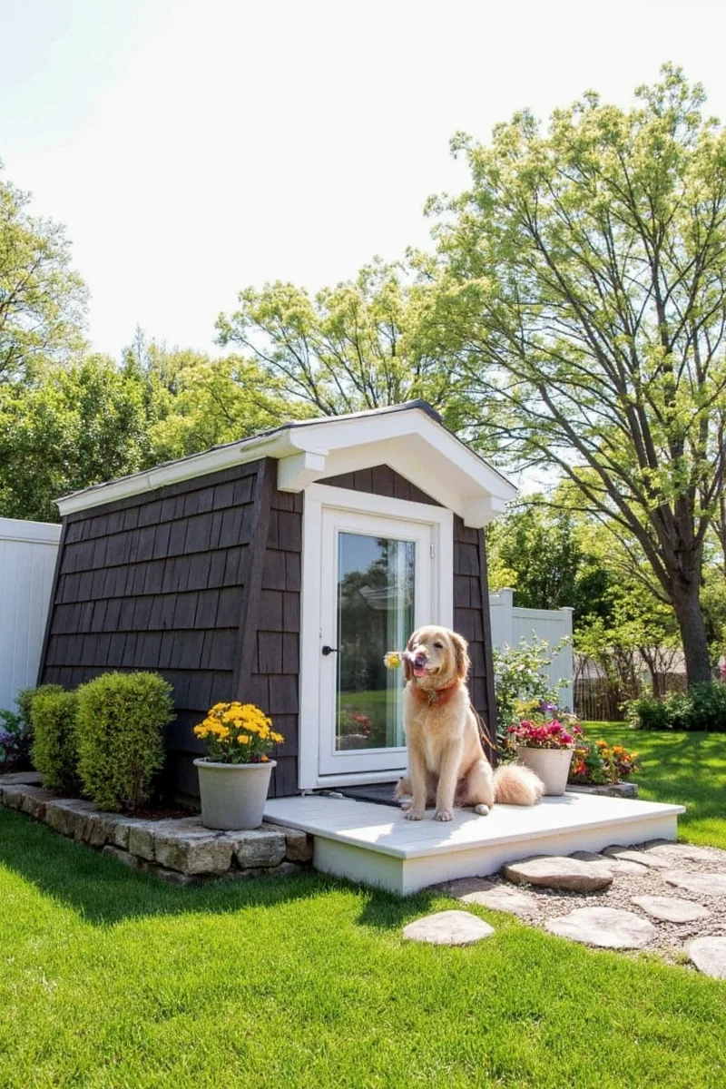 A modern garden house with a built-in cat window and a dog bed inside.