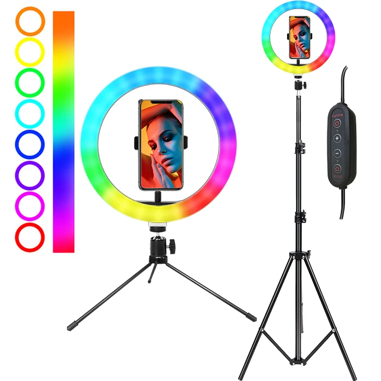

RGB LED Ring fill Light 10" with tripod stand phone holder Selfie Light for beauty with remote and USB Tiktok YouTube Video, Full color lights