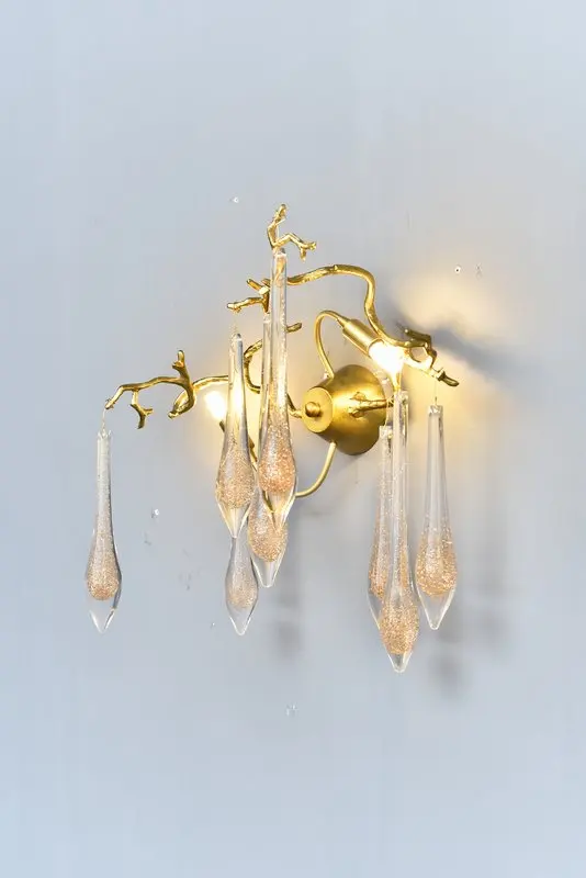 MEEROSEE Icicle-Trimmed Crystal Pendant Wall Light Gold Copper Wall Sconce Lamps Wedding Decoration Rattan Lighting MD87026