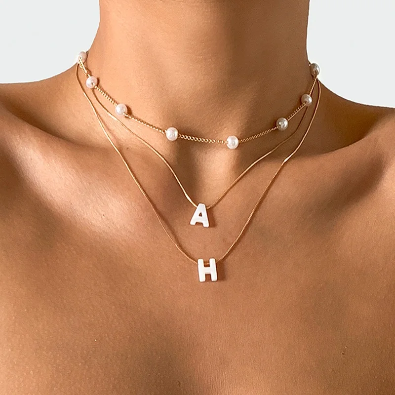 

Bohemia Simple Geometry Shell Letter Pearl Pendant Women Necklace High Quality Trendy Snake Chain Multilayer Necklaces