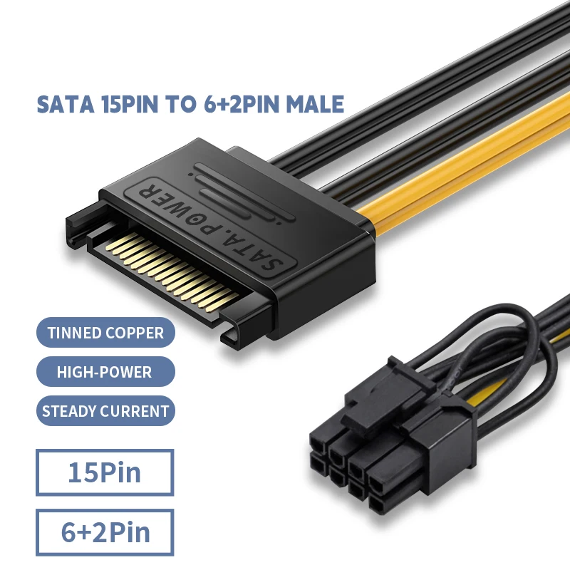 

15 Pin Sata To 8pin Pci-e Power Cable 15 pin Sata Male To 6+2 Pin Pci-e Male Video Card Power Supply Adapter Cable