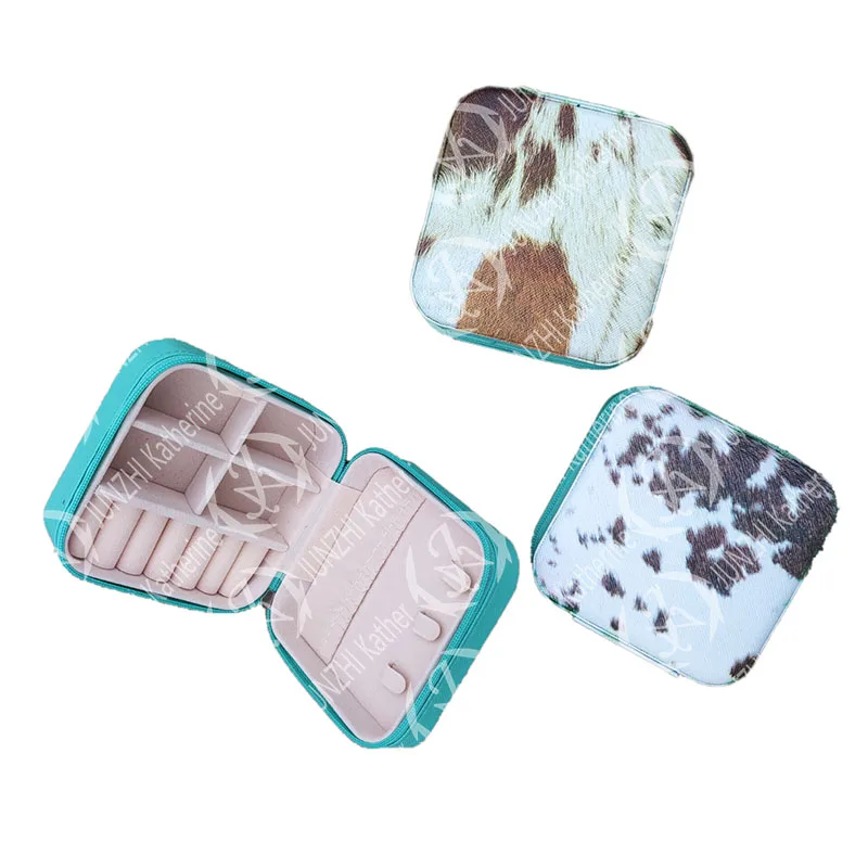 

Women Girls Earrings Ear Stud Box Portable Jewelry Storage Case Small Travel Cow Cowhide Jewelry Boxes, As picture