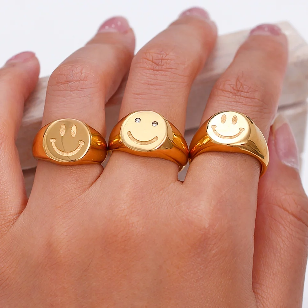 

Trendy 18K Gold Plated Smile Mood Ring Non Tarnish Stainless Steel Signet Rings Jewelry Women