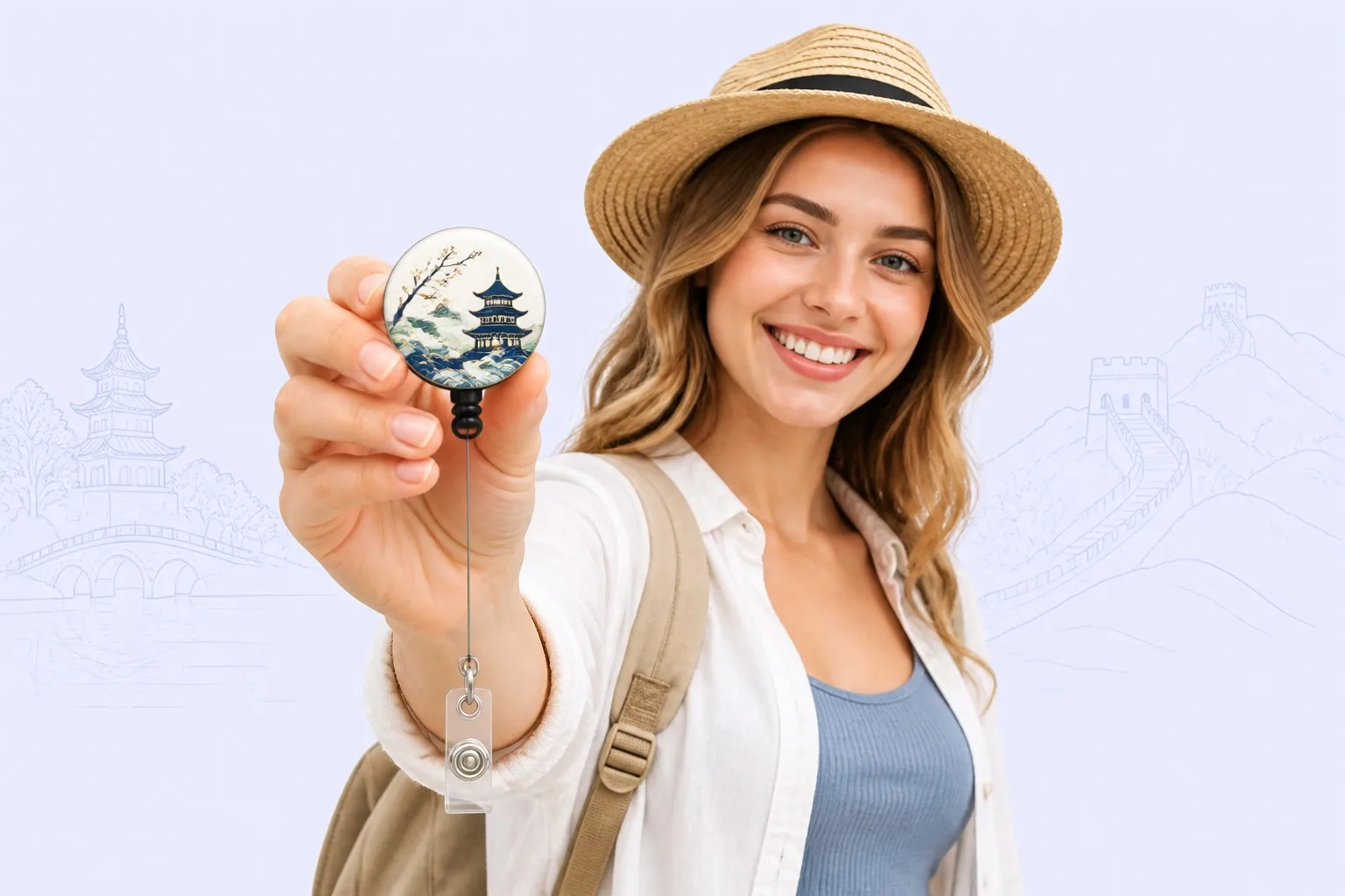 Smiling traveler holding a retractable badge reel with commemorative artwork