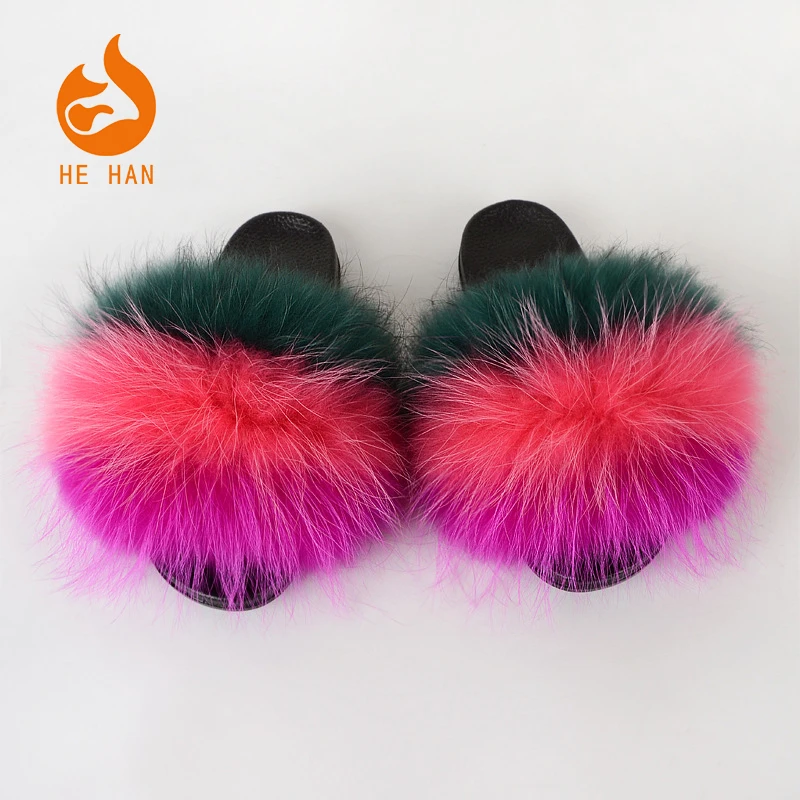 

black raccoon fur soft sandals wholesale women slippers natural color fur slides shoes