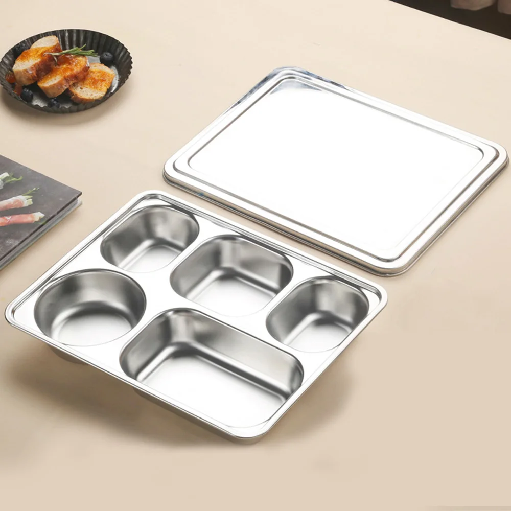

LIHONG 304 Stainless Steel 5 Compartments Indian Thali Lunch Tray School Fast Food Canteen Divided Dinner Mess Plates with lid, Silver