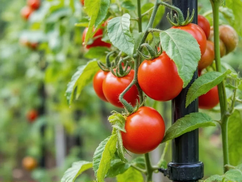 PVC tomato trellis holding ripe red tomatoes
