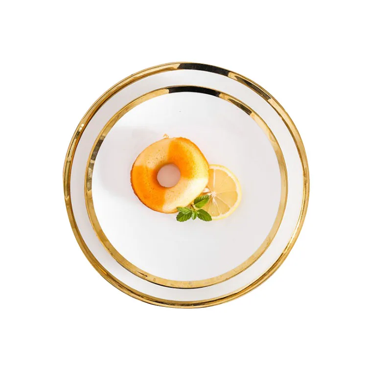 

New Hot Nordic gold rim ceramic steak breakfast dessert round flat plate