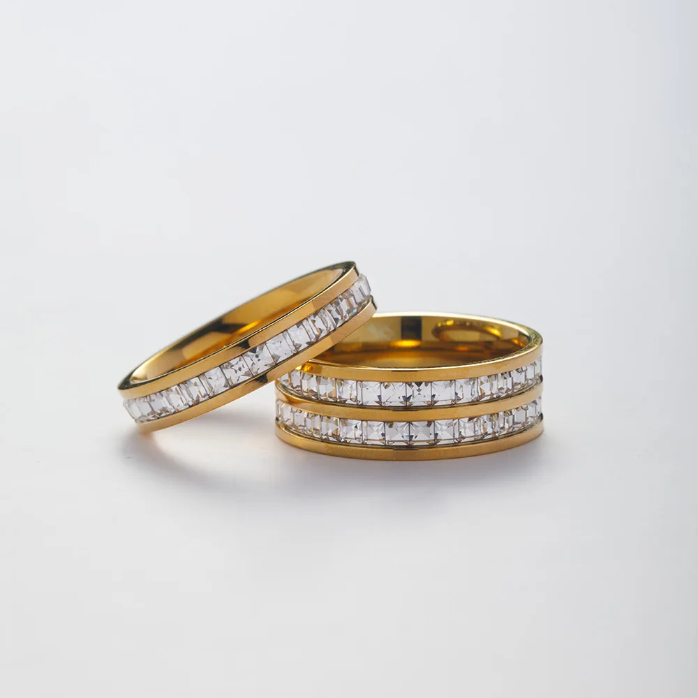 Fashion Tarnish Free Double Layer 18K Gold Plated Zircon Ring Stainless Steel Full Diamond Finger Rings Jewelry YF2723