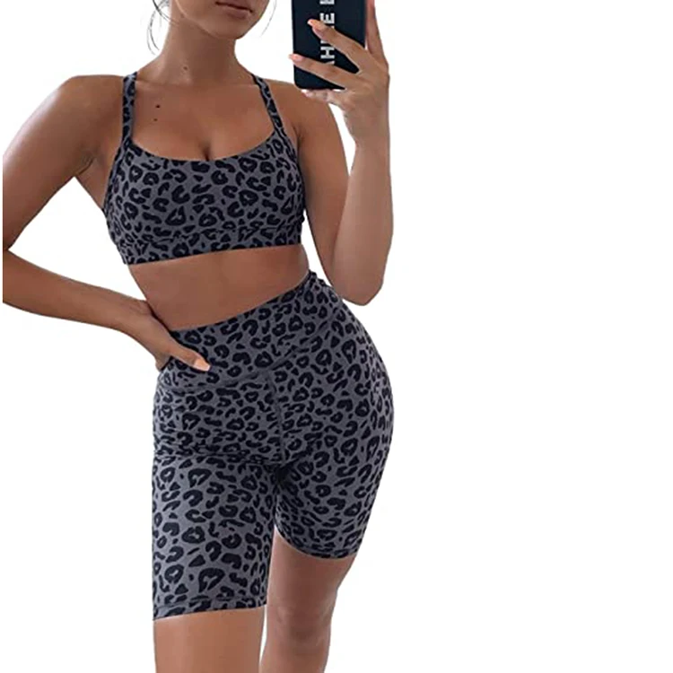 

Womens Yoga Outfits 2 Piece Set Workout Athletic Leopard Print Shorts Leggings and Sports Bra Set Gym Clothes