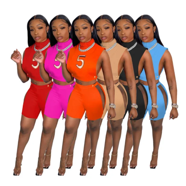 

2022 Summer Number Embroidered Turtleneck Tank Top Shorts Set Sexy Hollow Nightclub 2 piece set women sleeveless split set, Customized color