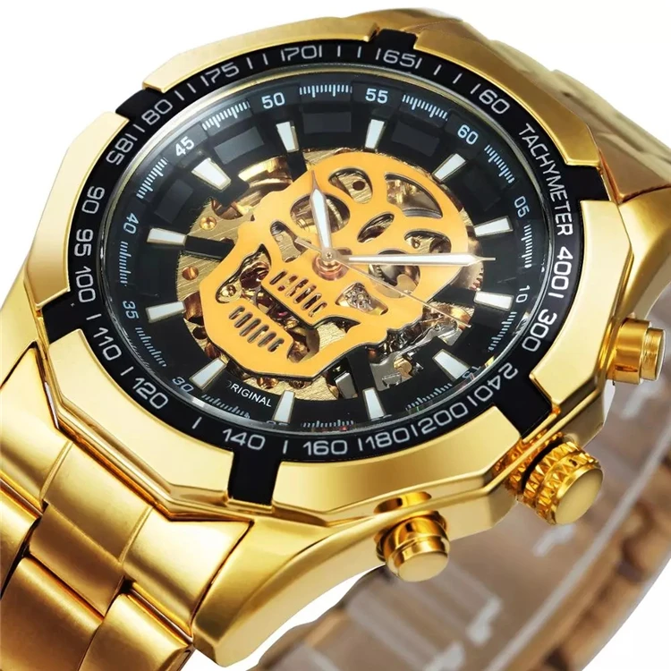 

WINNER Official Automatic GOLD Watch Men Steel Strap Skeleton Mechanical Skull Watches Top Brand Luxury Dropshipping Wholesale, 8 colors