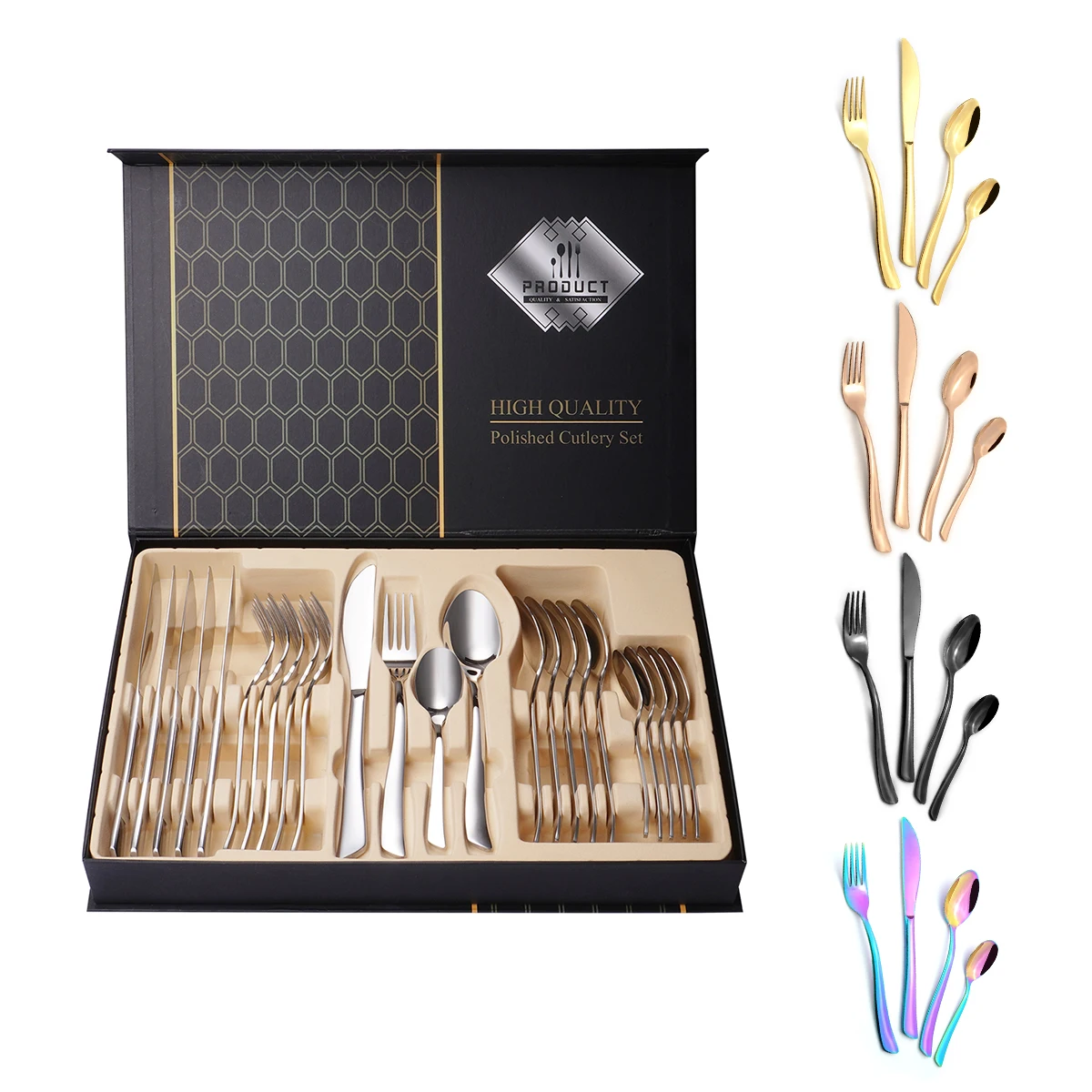 

Eco Friendly Outdoor Portable Knife Spoon Fork 24Pcs Stainless Steel 304 Reusable Flatware Sets Gold Cutery Set With Gift Box, Silver, gold, black, customizable