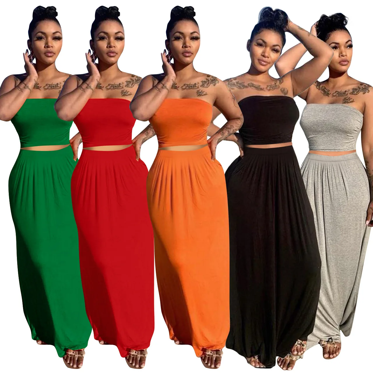 

Solid Sexy Cropped Top Maxi Skirt Two Piece Set Women Matching Set Outfits Skirts, Shown