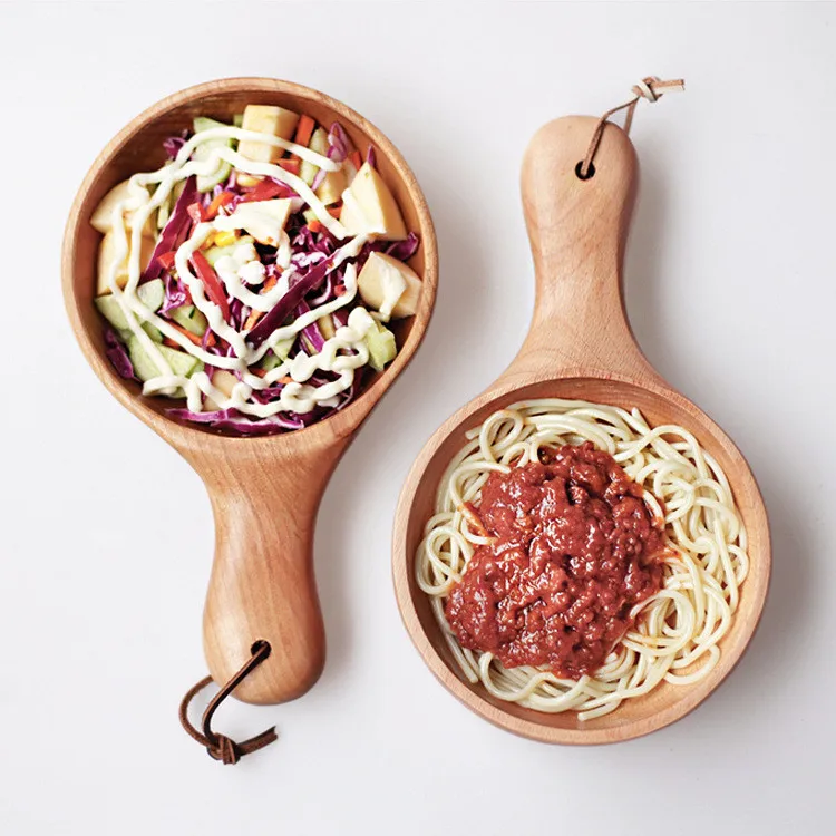 

Japanese Korean style beech wood lacquered dessert plate wood kimchi salad bowl with handle, Natural