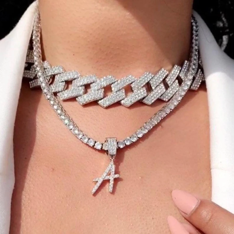

20mm Hip Hop Diamond Necklace Iced Out Bracelet Silver Tennis Chains Cuban Link Chain Women, Gold/silver/pink