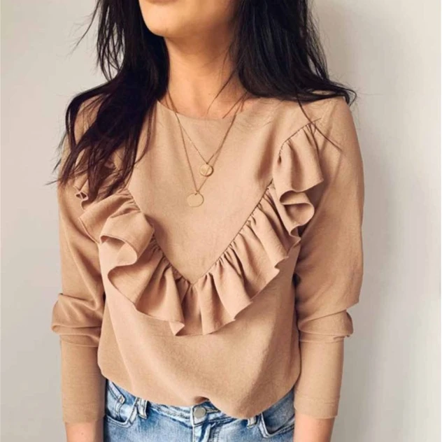 

Women's all-match new T-shirt summer burst fashion ruffled solid color round neck long sleeve top, Picture showed