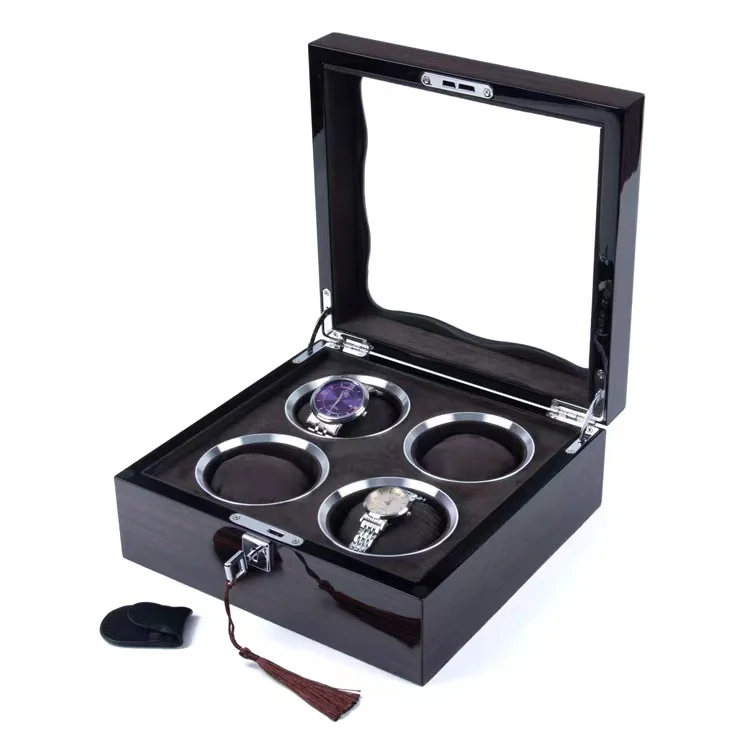 

High Lacquered 4 Slot Watch Display Storage Organizer Box with Real Glass Top with Lock in Stock