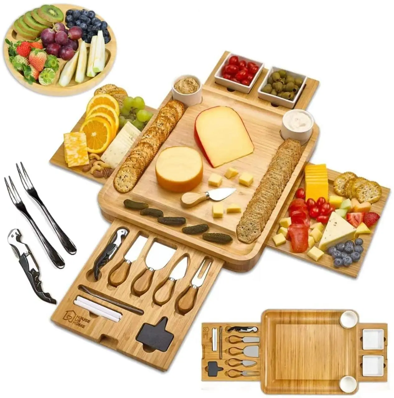 

Free Samples and Drop Shipping Service Magnetic 4 Drawers Bamboo Charcuterie Cutlery Knife Set wood cheese board