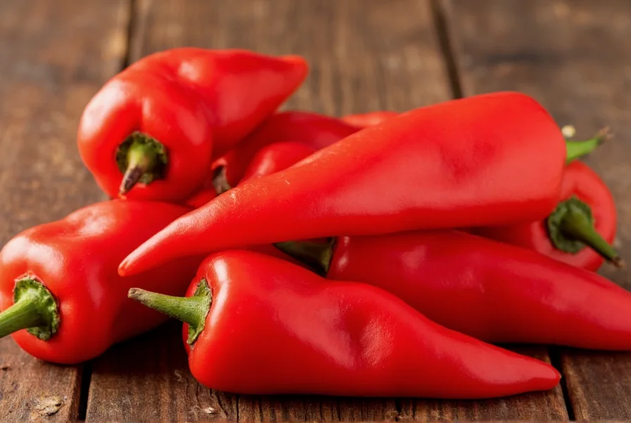 Close-up photograph of flatiron peppers showing their distinctive triangular shape and vibrant red color against a rustic wooden background