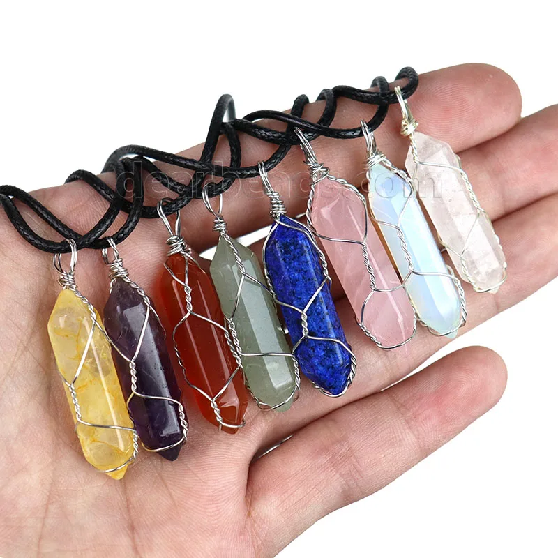 

Silver Wire Wrap Double Terminated Pointed Hexagonal Prism Stone Healing Crystals Pendant for necklace Amethyst