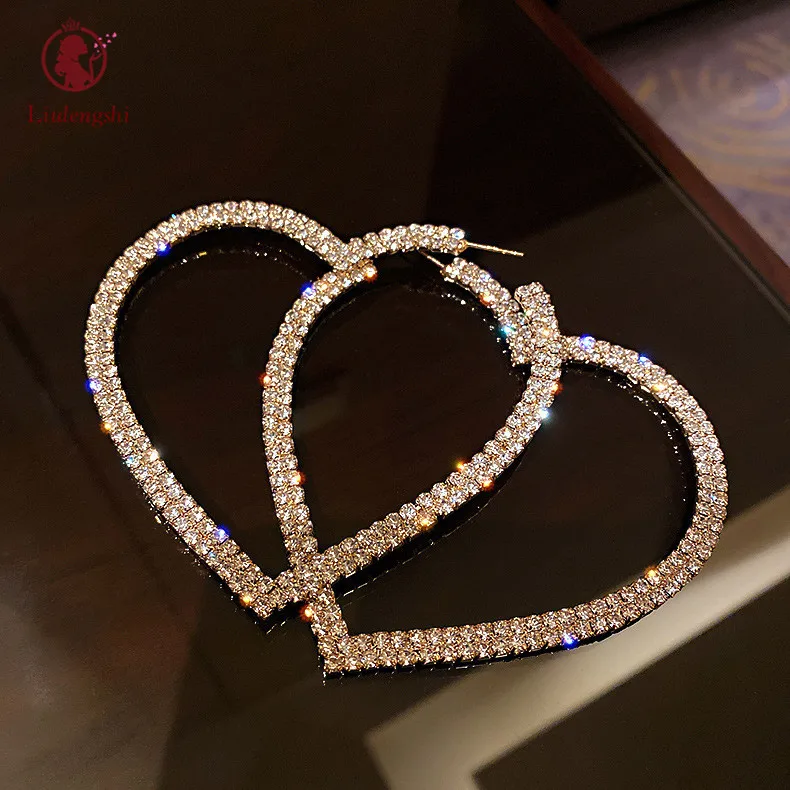 

925 Silver Needle 18K Gold Geometric Rhinestone Crystal Heart Hoop Earrings Bling Diamond Heart Earrings for Valentine Jewelry